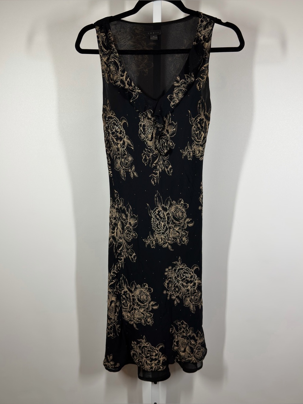 Vintage Lapis 100% Silk Midi Dress Black and
Tan Floral Size Medium